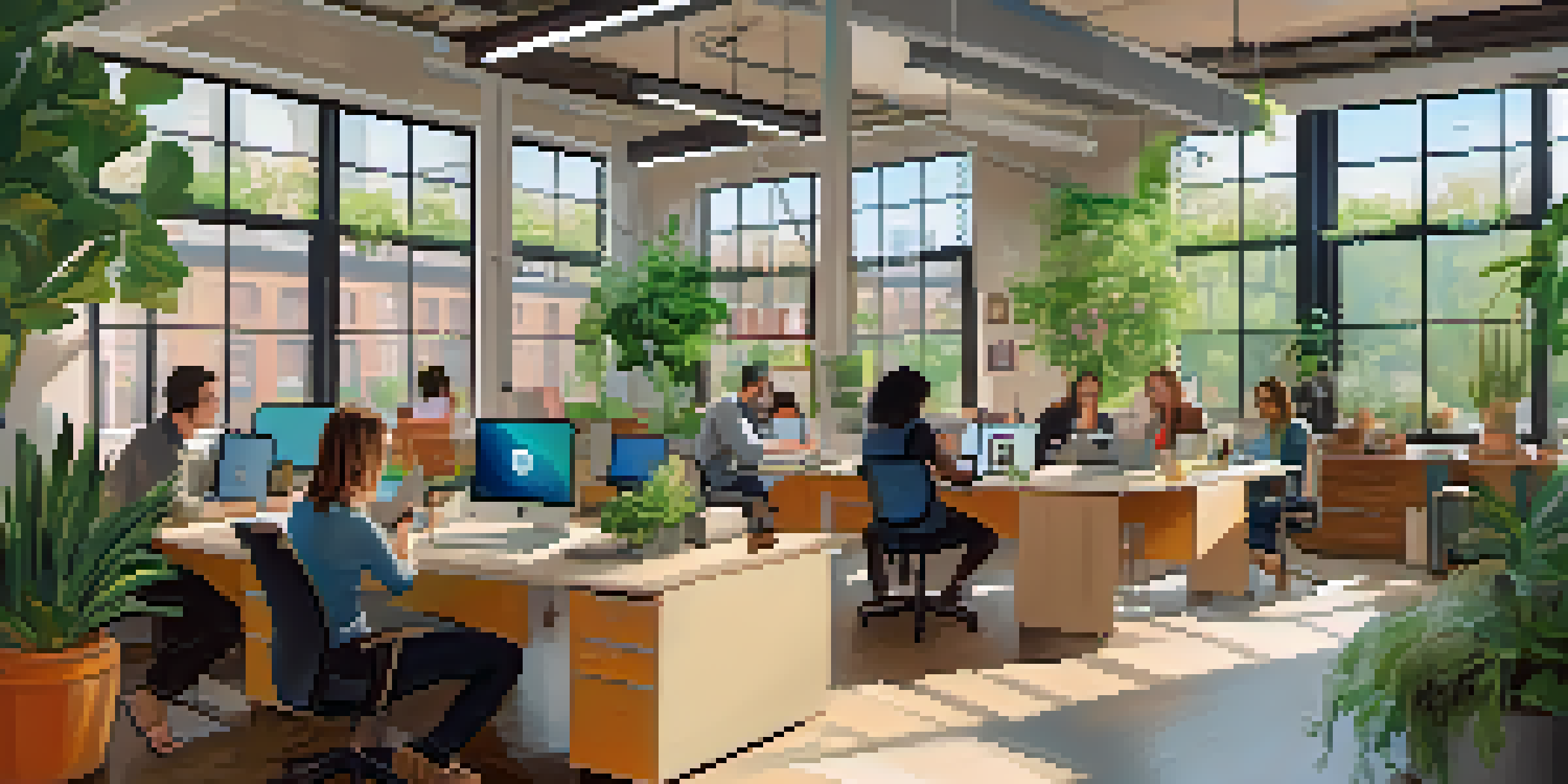 A modern co-working space filled with freelancers working together amidst greenery and natural light, showcasing a vibrant and creative atmosphere.
