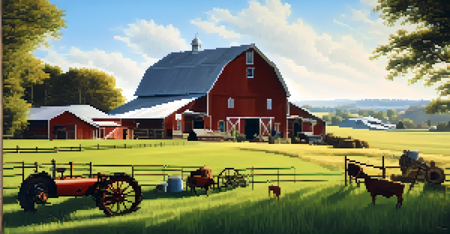 A historic farm in Buffalo with traditional farming equipment, a rustic barn, grazing animals, and fields of crops under a clear blue sky.