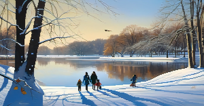 A snowy park landscape with trees and a frozen lake, featuring a family walking in winter attire.