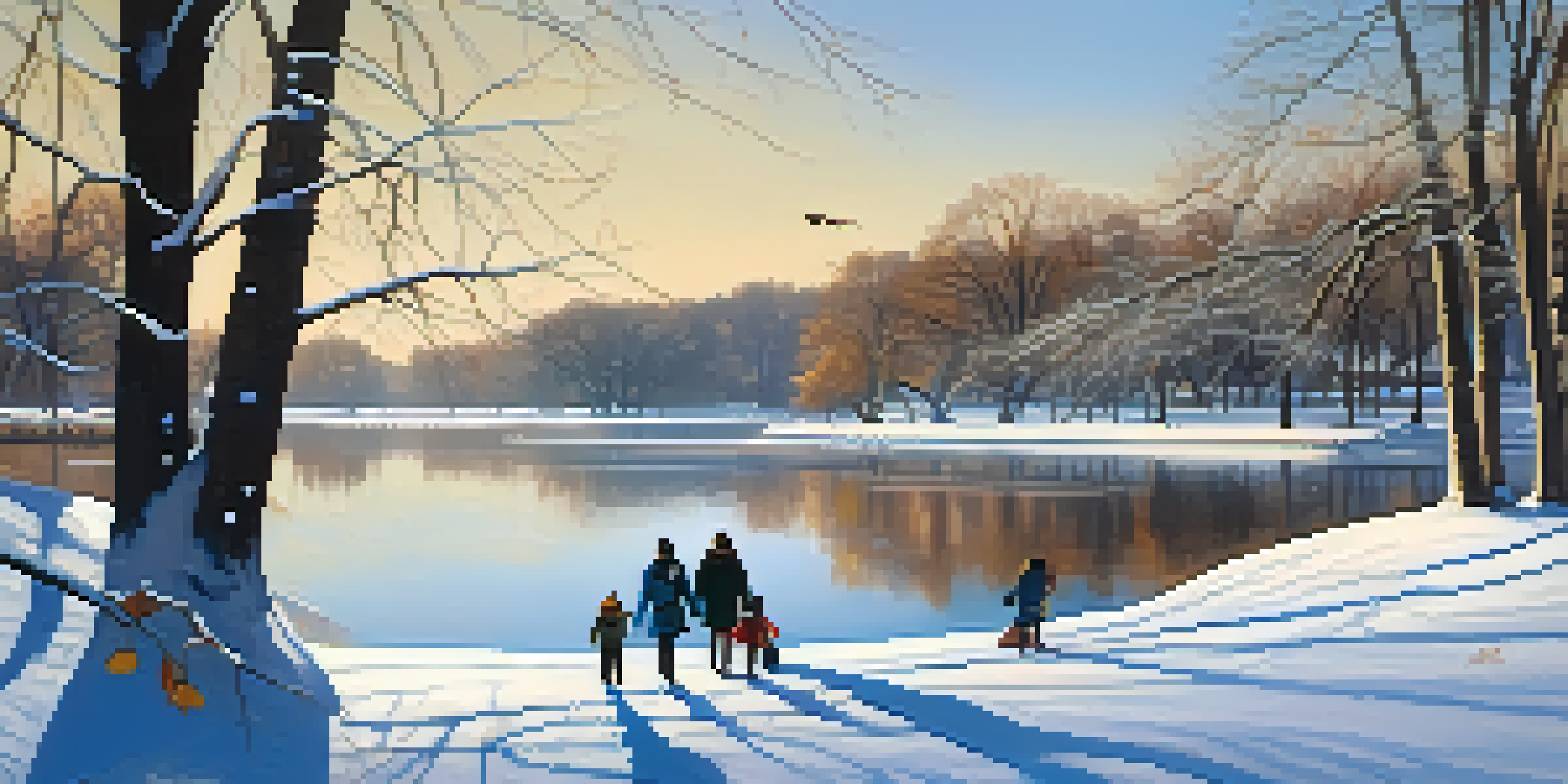 A snowy park landscape with trees and a frozen lake, featuring a family walking in winter attire.