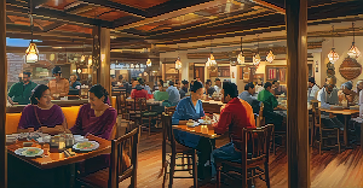 An ethnic restaurant in Buffalo with traditional decor and patrons enjoying meals, illuminated by warm lighting.