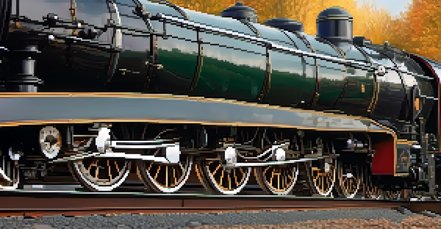 A detailed view of a vintage steam locomotive with steam rising and wooden cars, set against a blurred background of railroad tracks.