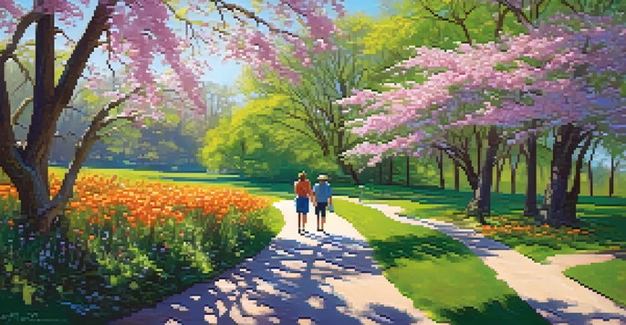A couple walking hand-in-hand along a winding path in a Buffalo park surrounded by blooming flowers and greenery.