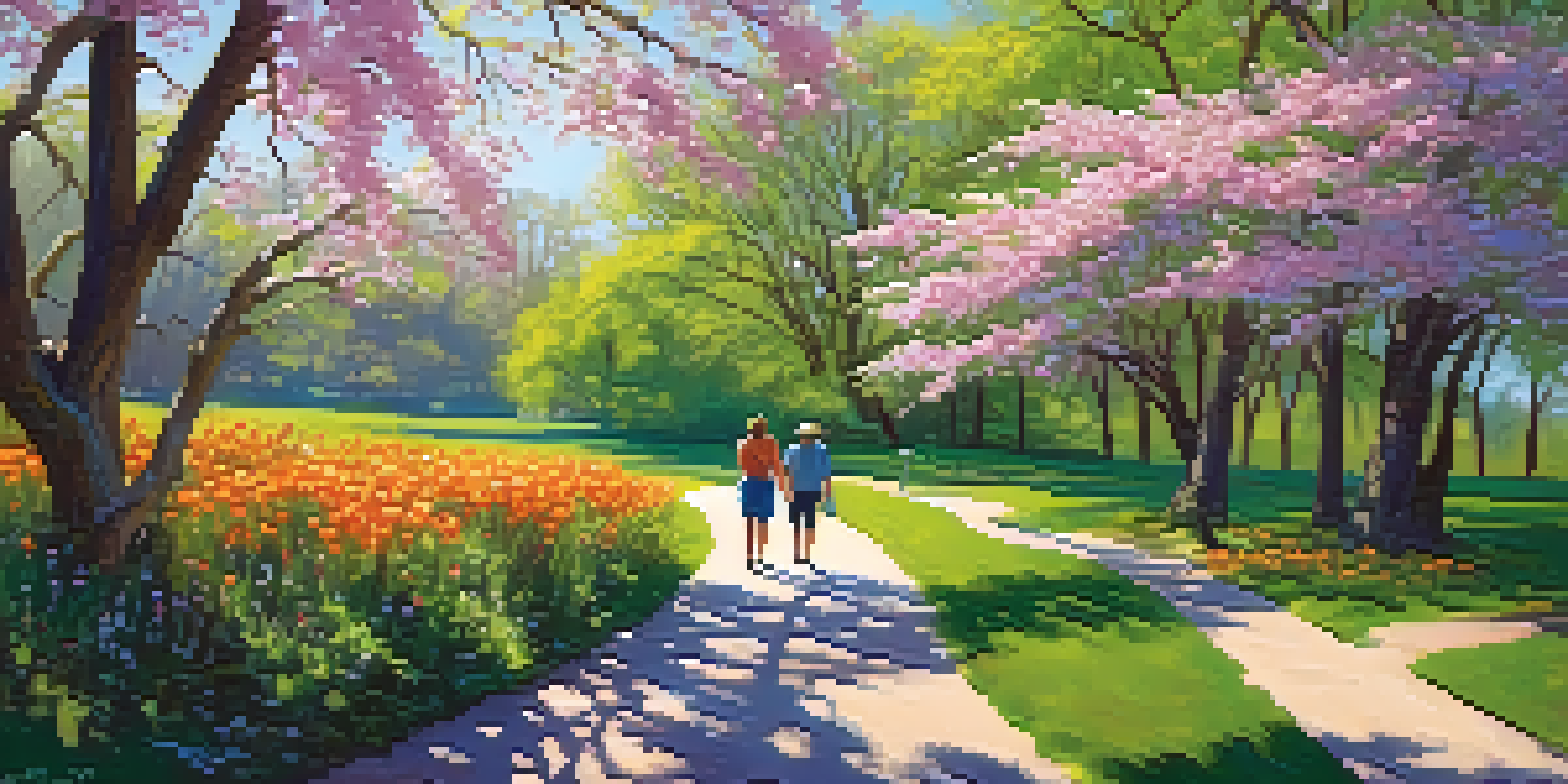 A couple walking hand-in-hand along a winding path in a Buffalo park surrounded by blooming flowers and greenery.