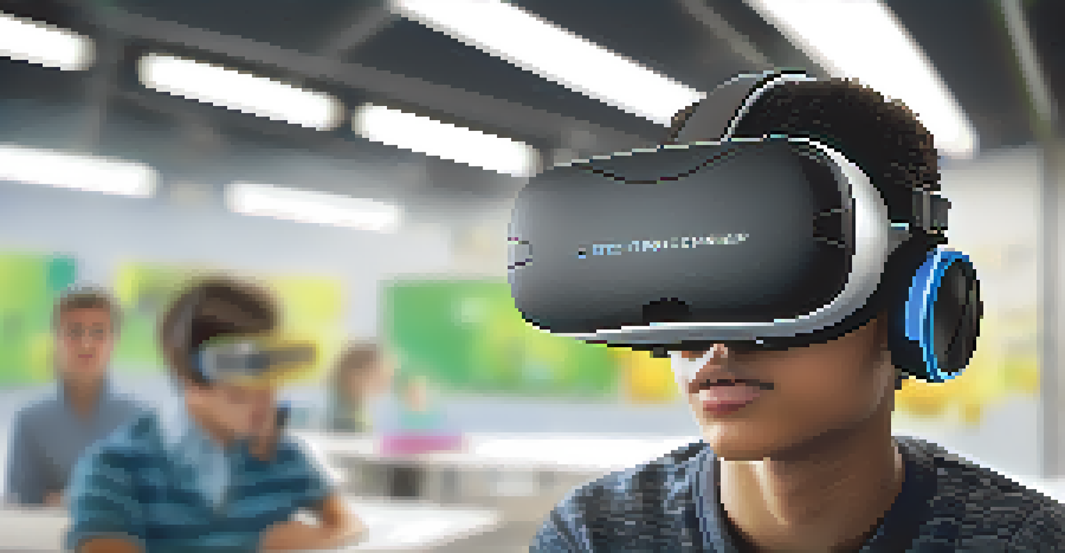 A student wearing a virtual reality headset in a classroom, looking fascinated by the 3D environment, with high-tech equipment in the background.
