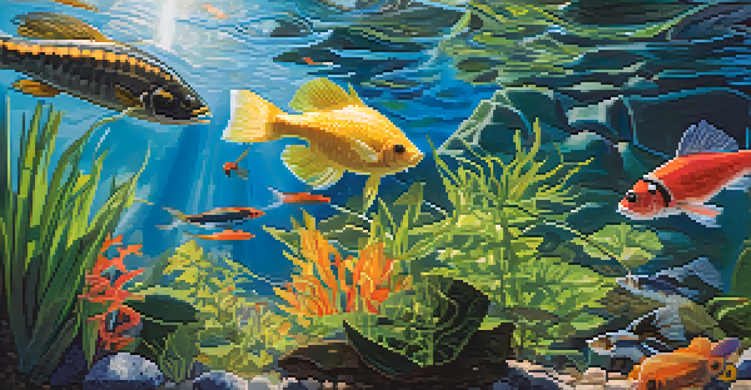 A close-up of underwater plants and fish in the Great Lakes, with sunlight creating a beautiful light effect in the water.