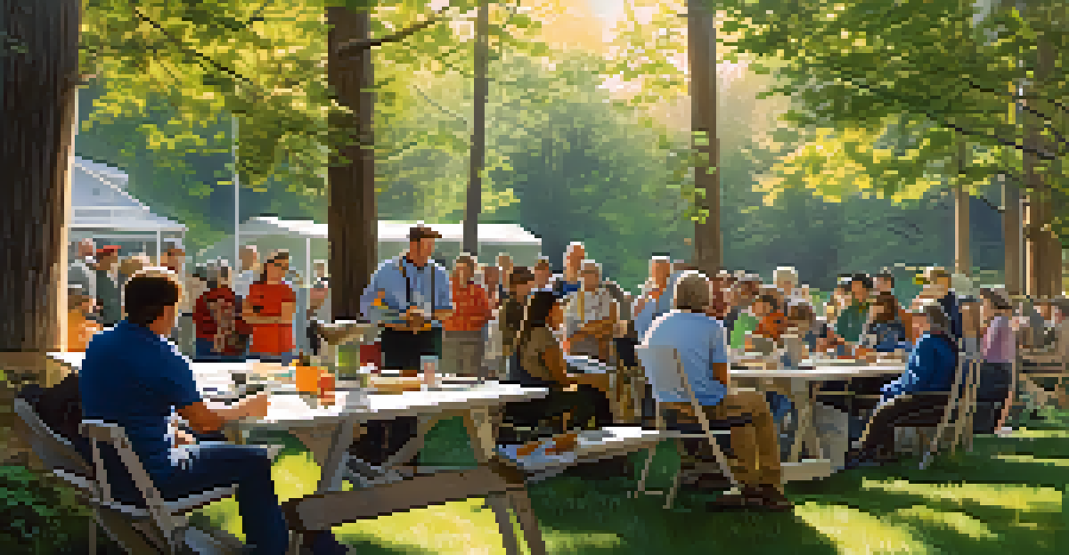 A community workshop in an outdoor setting with residents learning about wildlife management strategies, surrounded by trees and sunlight.