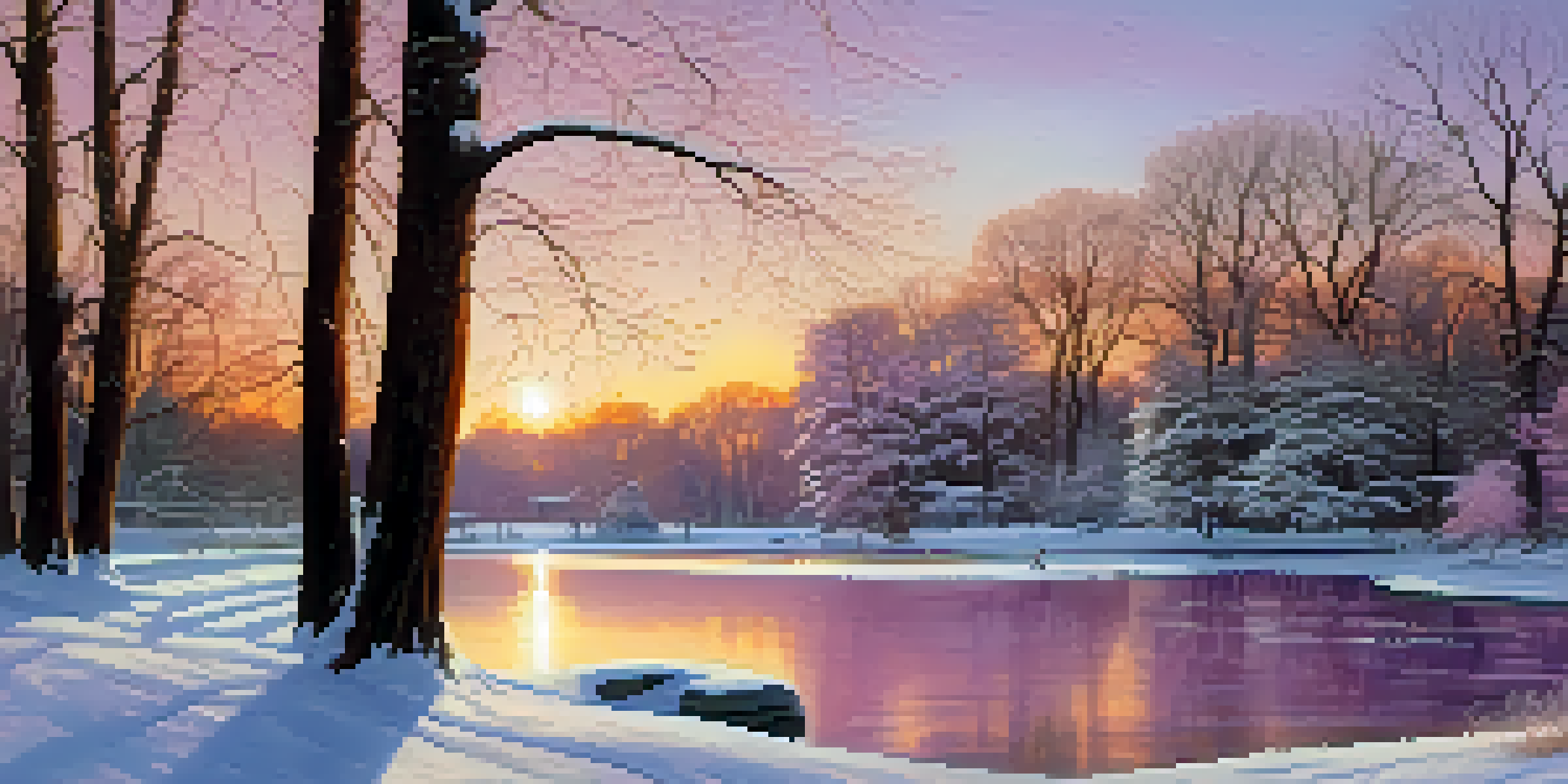 A winter scene at Delaware Park with a frozen pond and people ice skating, surrounded by snow-covered trees and a sunset sky.