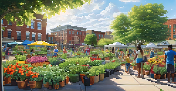 A lively community garden in Buffalo with diverse residents caring for colorful plants under warm sunlight.