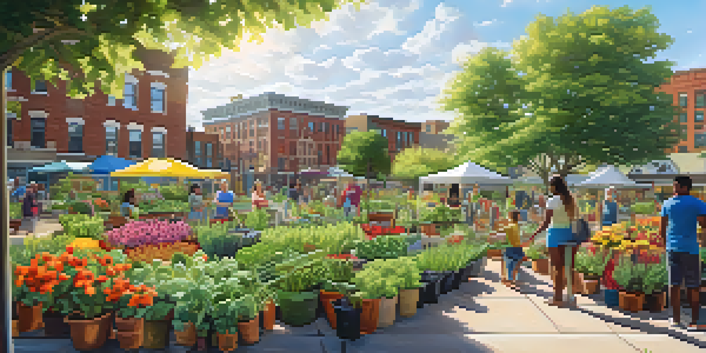 A lively community garden in Buffalo with diverse residents caring for colorful plants under warm sunlight.