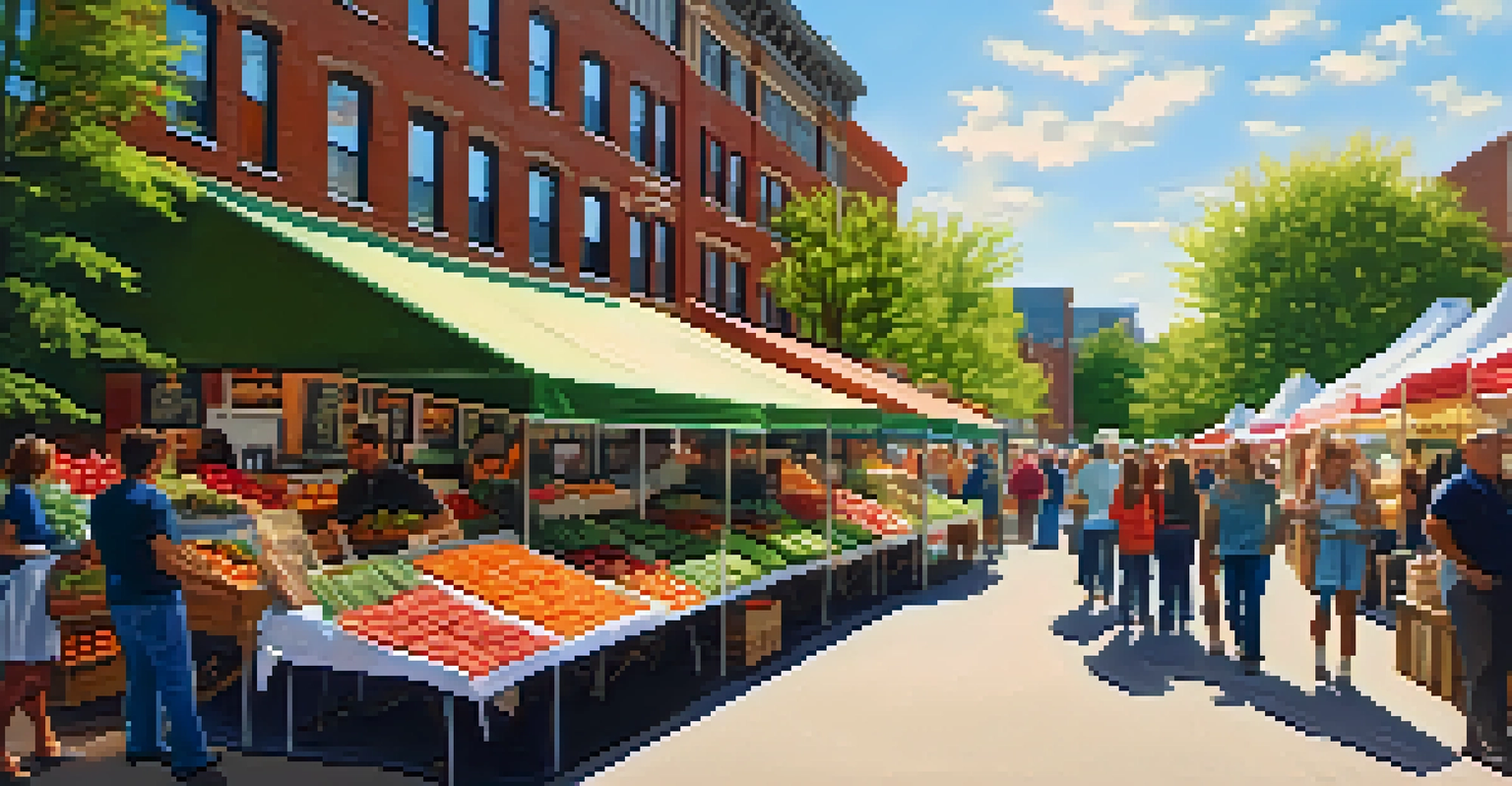 A bustling farmers market scene with local vendors showcasing fresh produce and baked goods under warm sunlight.