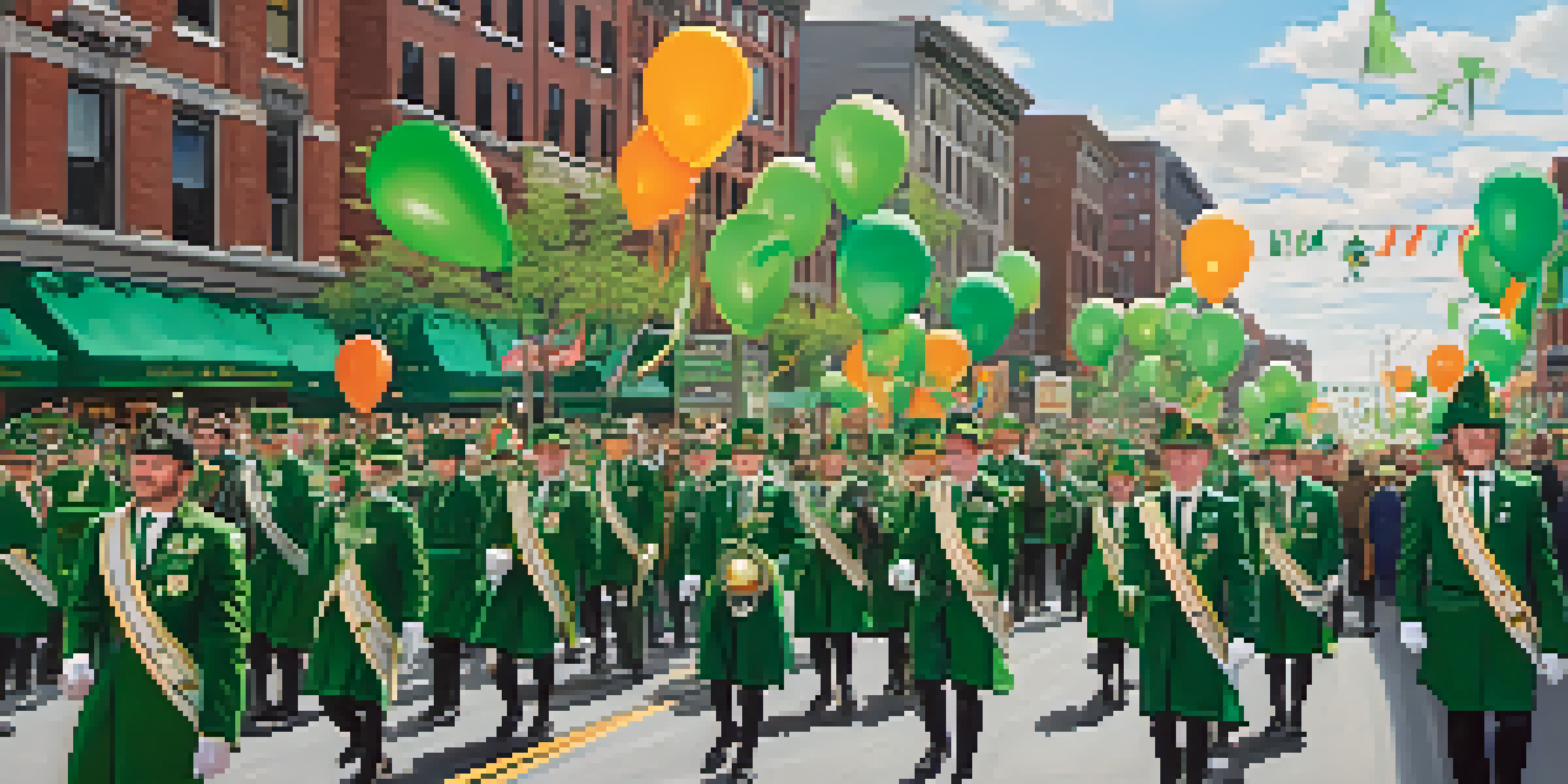 A lively St. Patrick's Day Parade in Buffalo with crowds in green, marching bands, and dancers celebrating in the sun.
