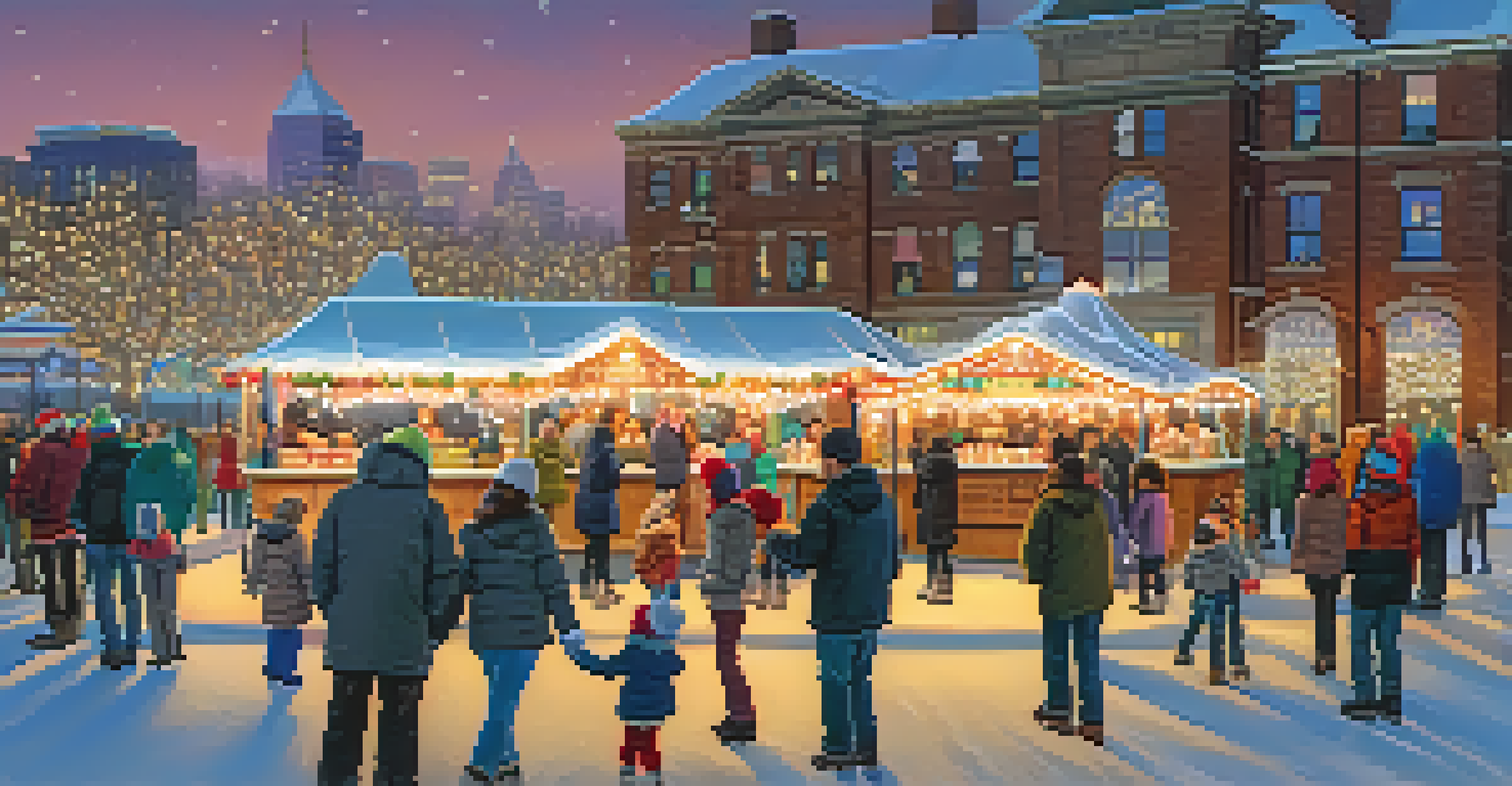 A festive ice skating scene at Canalside with families under sparkling lights, local food vendors, and a glowing city skyline in the background.