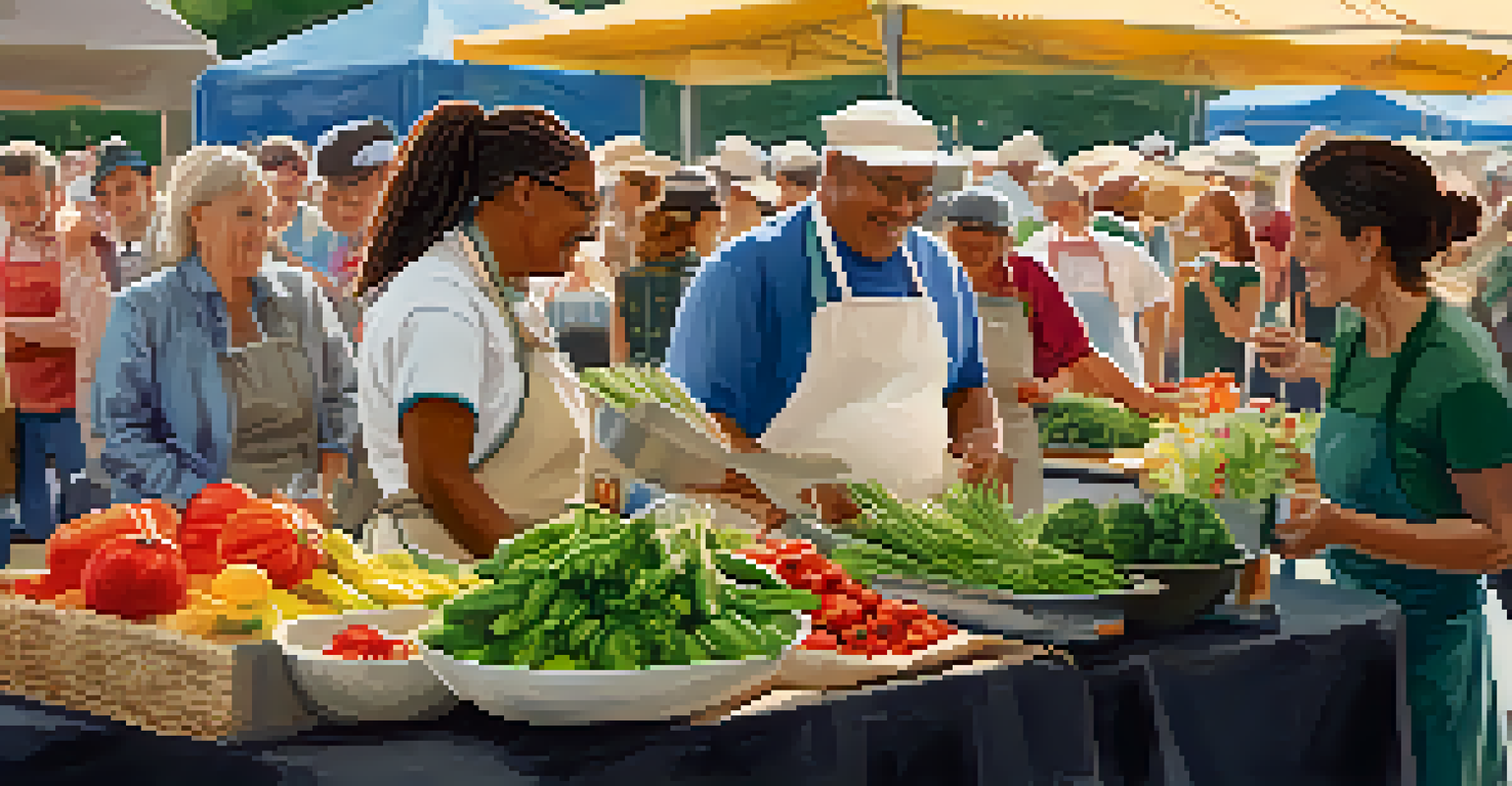 A local chef conducting a cooking demonstration at a farmers market, with seasonal vegetables and an engaged audience.