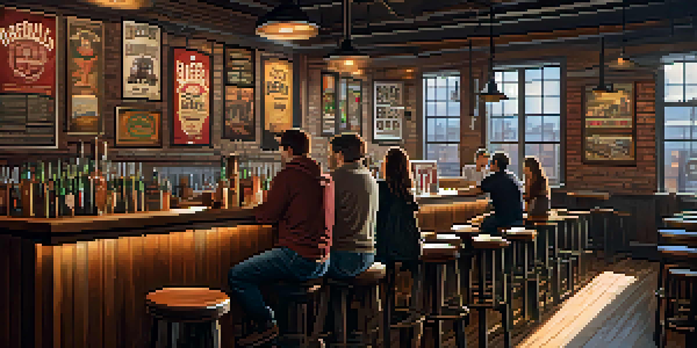 A warm and inviting interior of a craft brewery with patrons enjoying drinks and vintage beer posters on the walls.