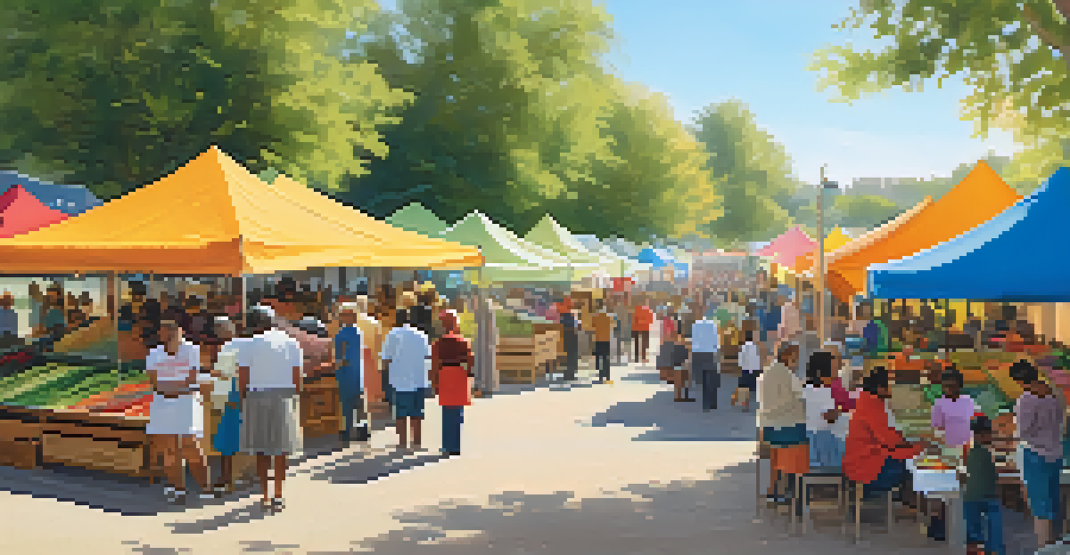 A community market in a park in Buffalo, New York, with diverse residents enjoying fresh produce and handmade crafts under sunny skies.