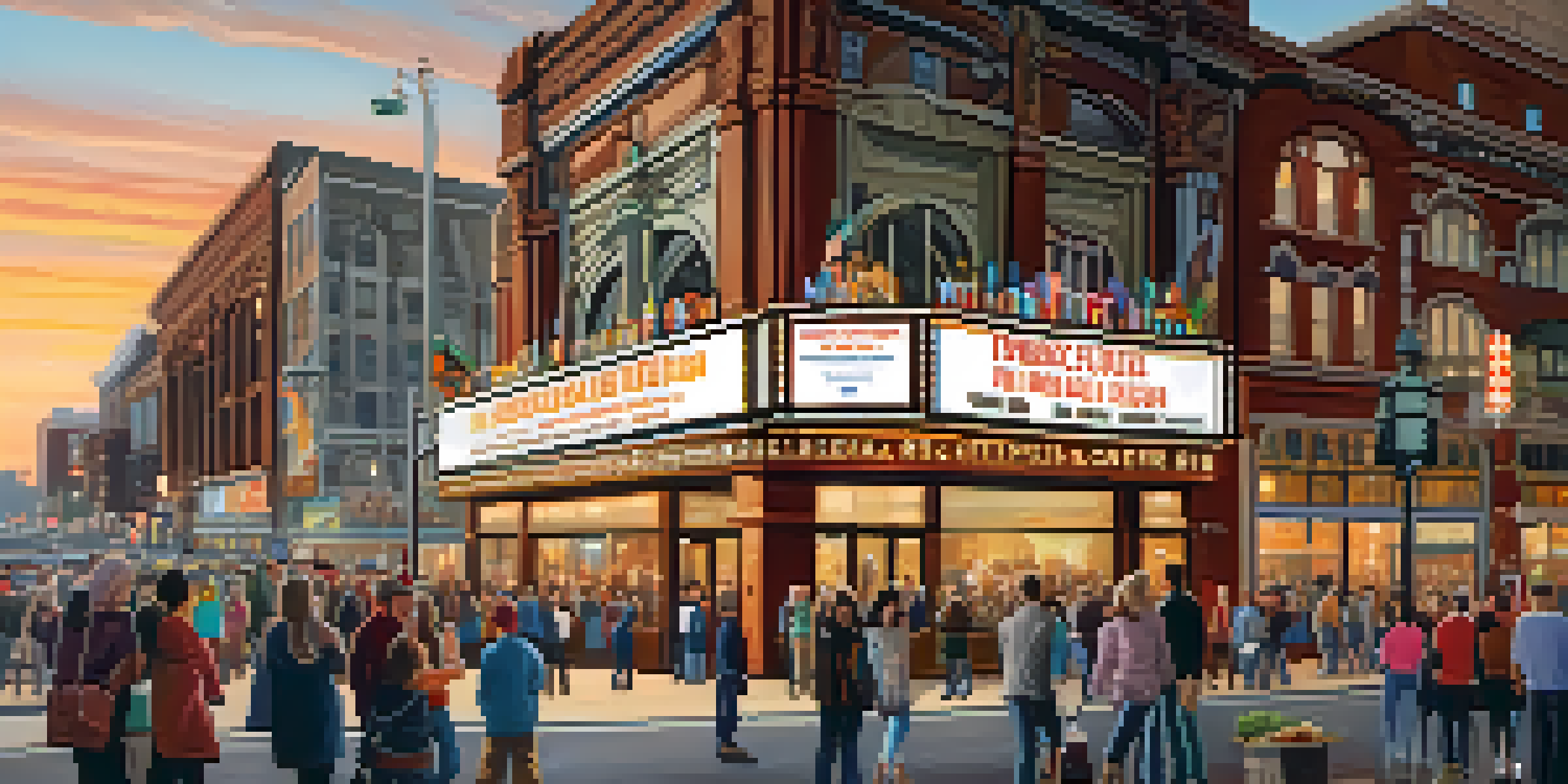 A lively Buffalo street scene showcasing the Shea's Performing Arts Center with people enjoying their night out.