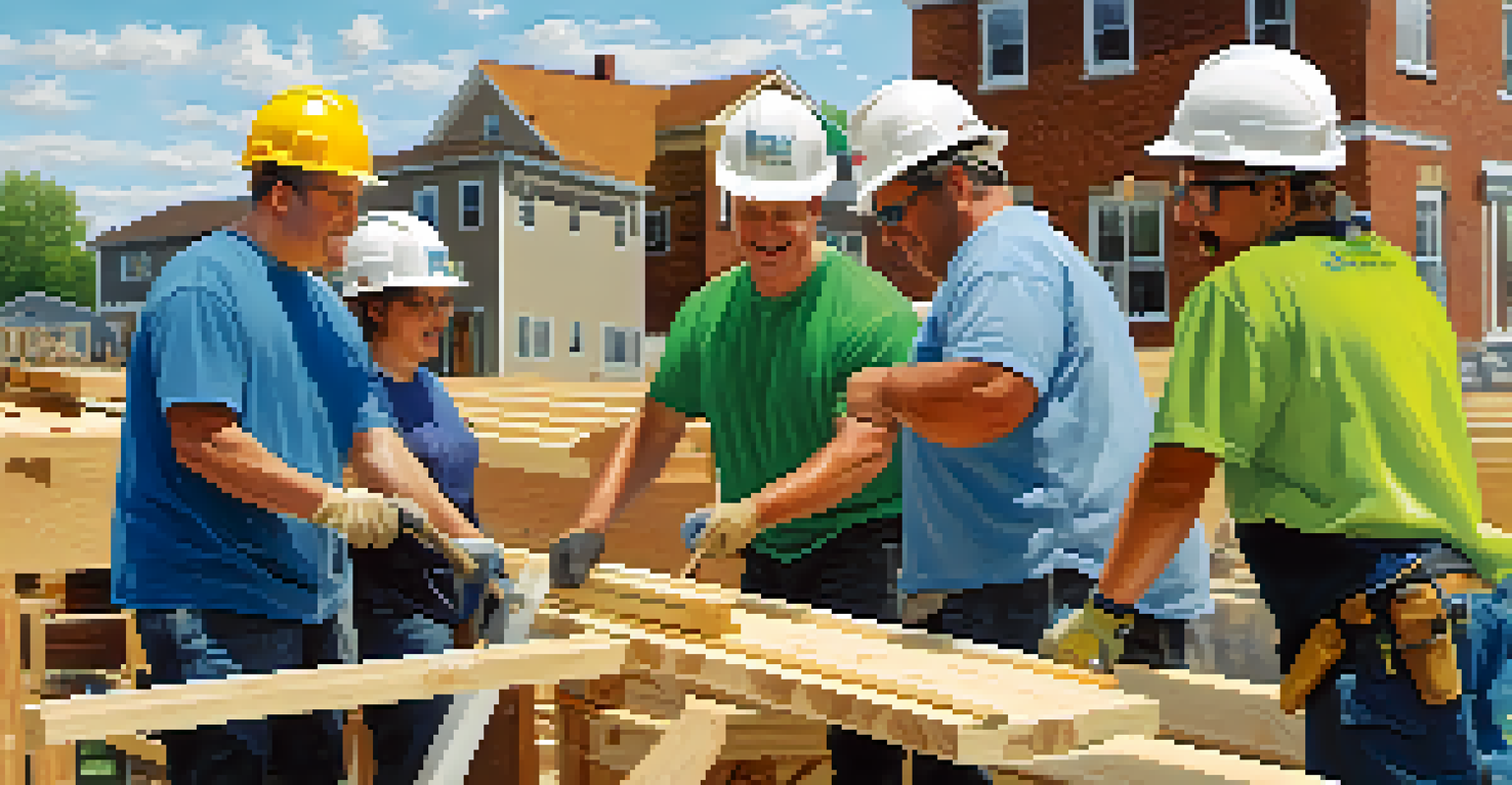 Volunteers working together to build a house for Habitat for Humanity Buffalo on a sunny day, representing community teamwork.