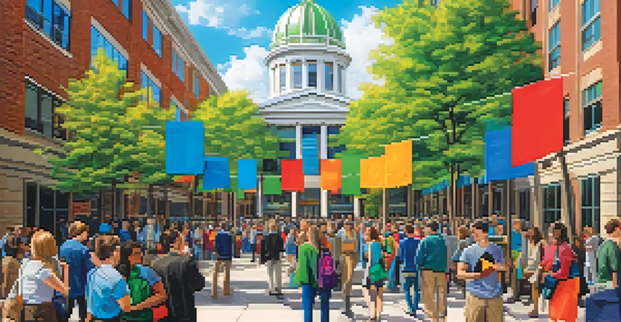 A lively career fair on a college campus, featuring students interacting with local employers and colorful company banners.