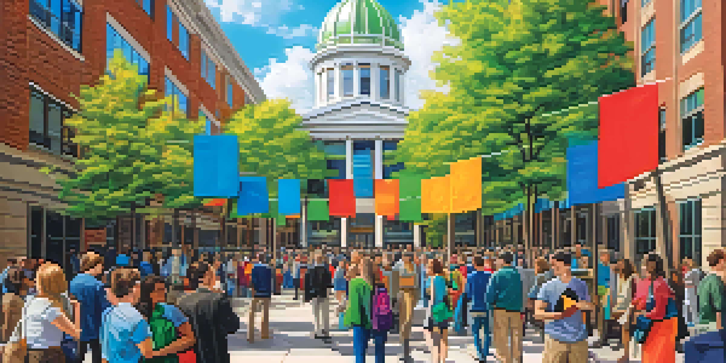 A lively career fair on a college campus, featuring students interacting with local employers and colorful company banners.