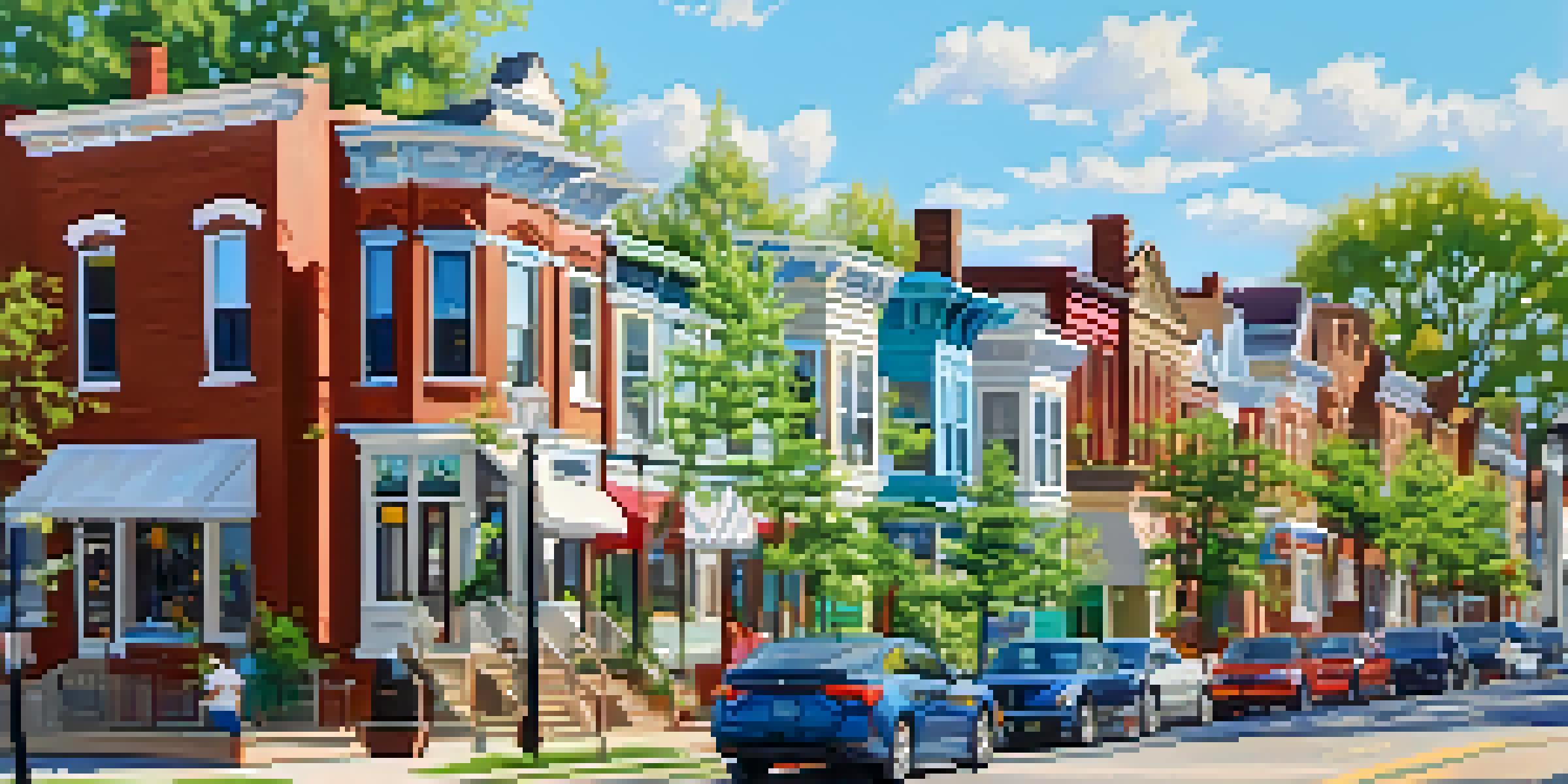 A sunny street view of Elmwood Village in Buffalo, featuring historic homes, shops, and people enjoying the park.