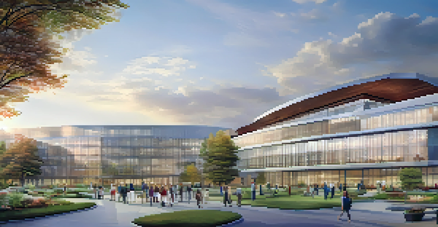 A view of Buffalo's Niagara Medical Campus with modern healthcare facilities, professionals, and students in a landscaped setting.