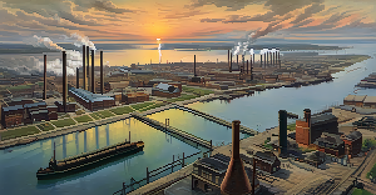 An aerial view of Buffalo's industrial area in the late 1800s, highlighting railroads and factories during a colorful sunset.
