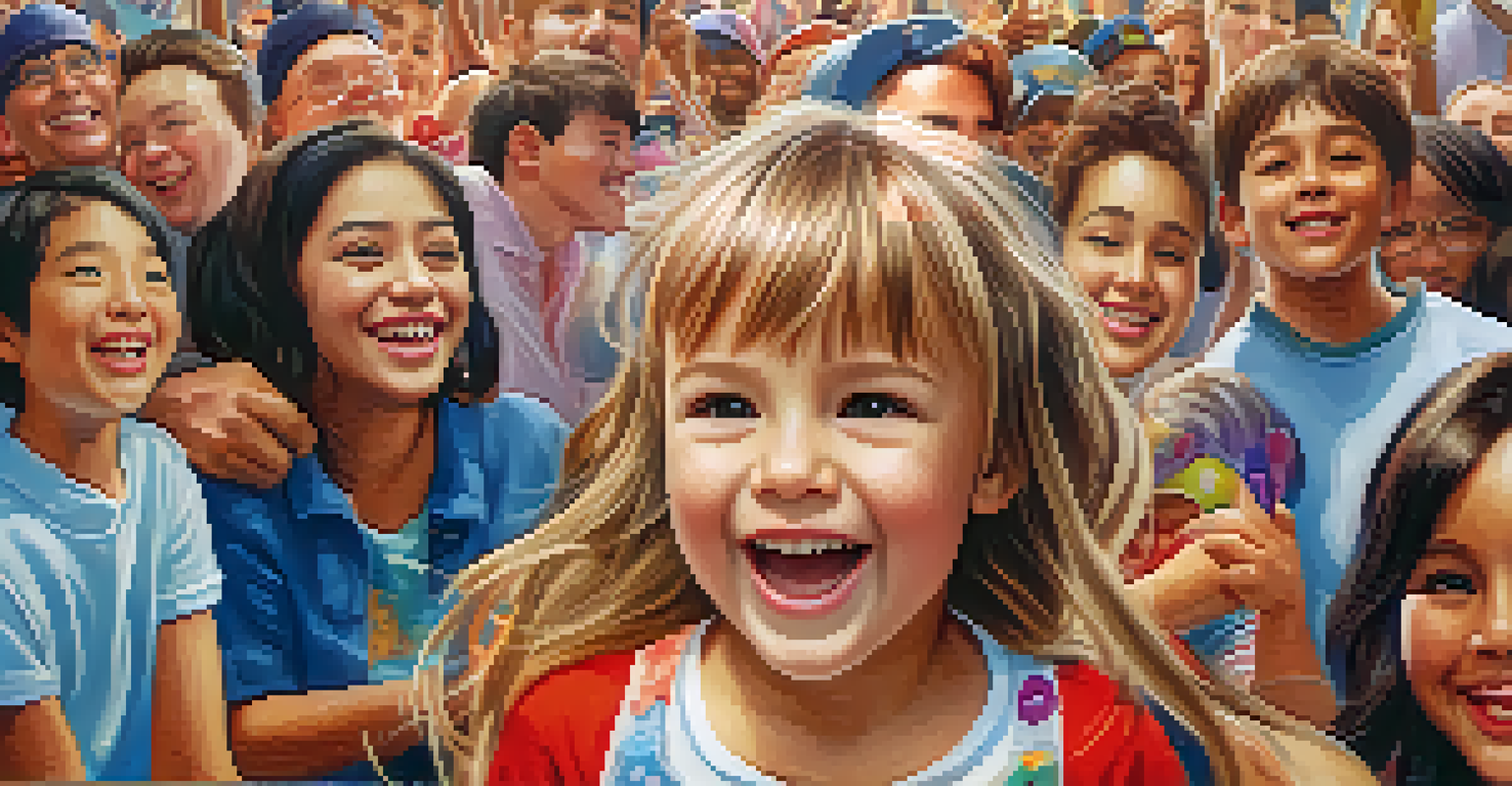A young child smiling and holding a sign that says 'Thank You for My Wish!' surrounded by happy friends and family at a community event.