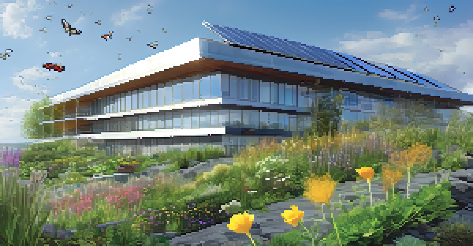 A close-up of a sustainable building in Buffalo with green roofs and solar panels, surrounded by native plants and flowers.