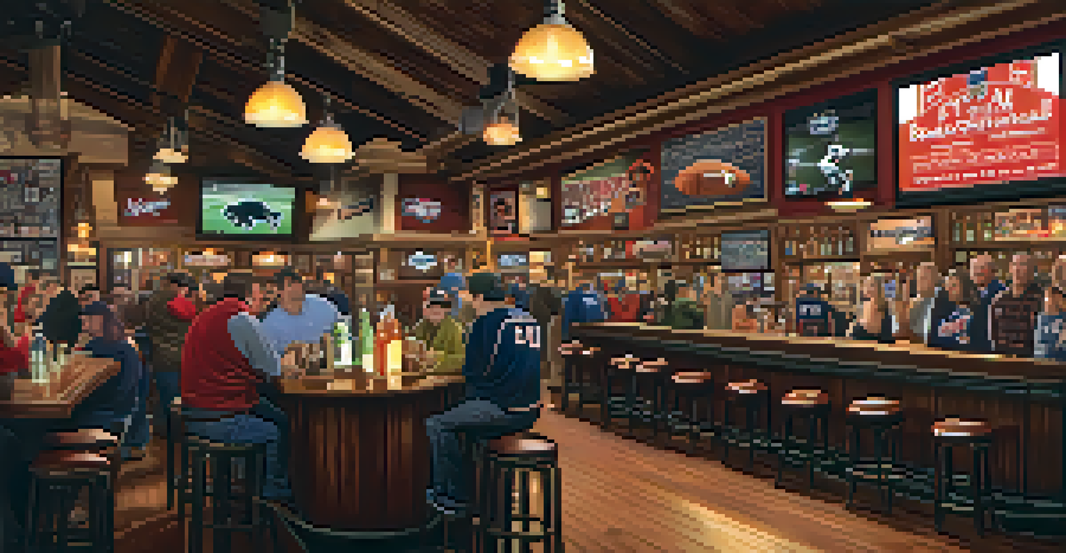 Interior of a bustling bar filled with Buffalo sports memorabilia, with fans cheering for their teams while watching a game on a large screen.