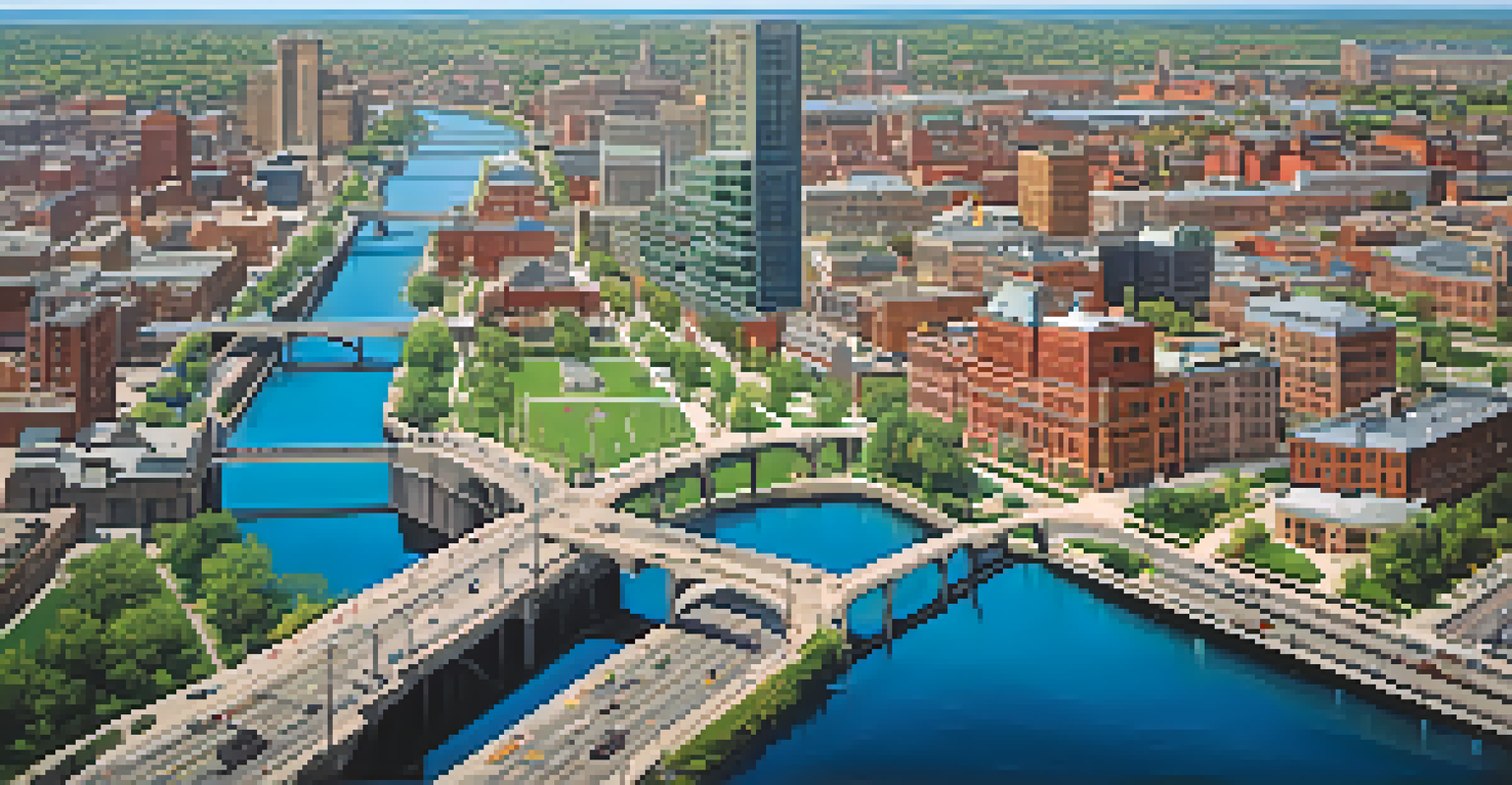 An aerial view of Buffalo with the Erie Canal, showing a mix of modern buildings and green parks.