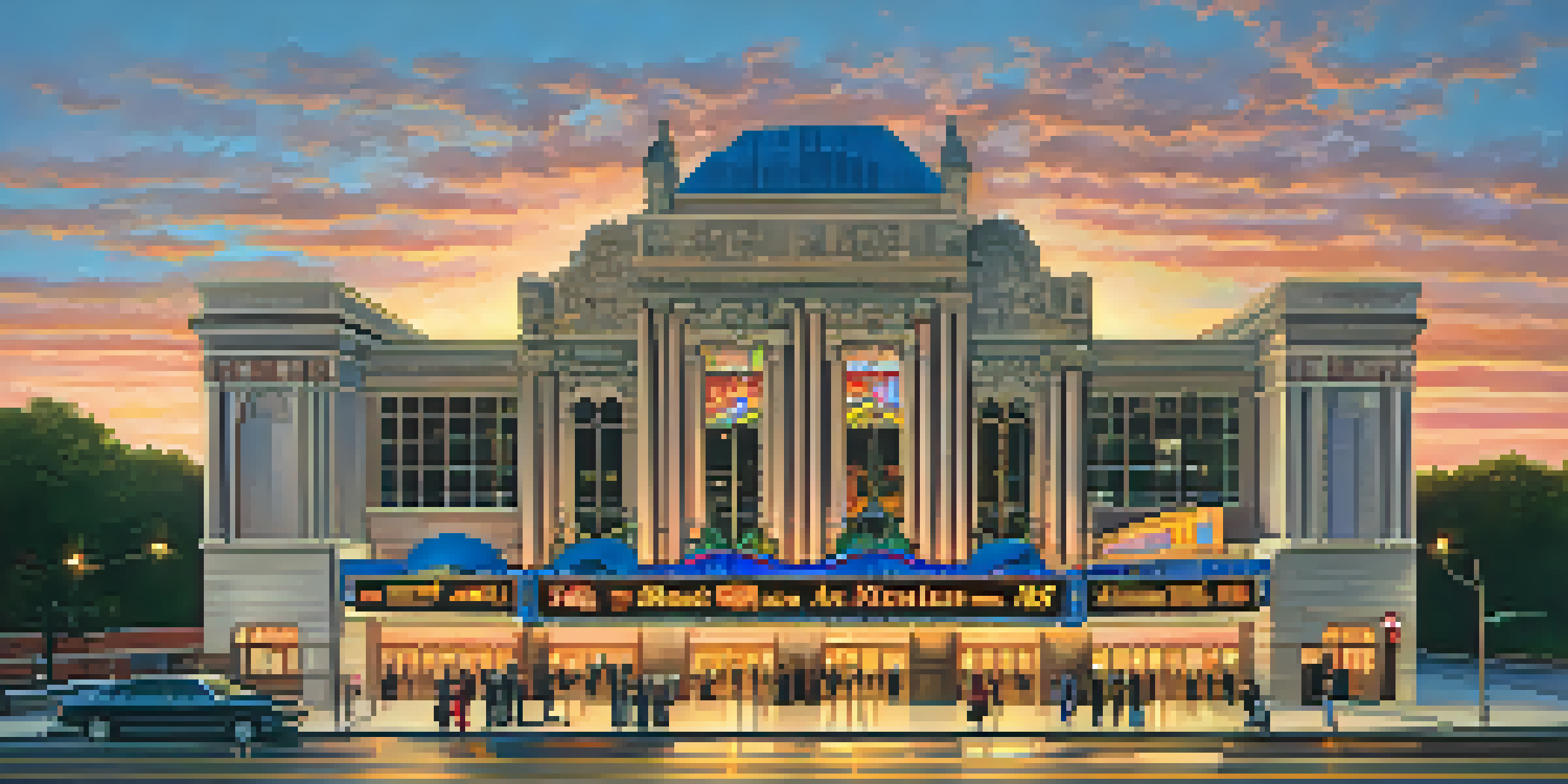 A beautiful historic theater with ornate architecture and glowing marquee lights, filled with people admiring its grandeur during sunset.