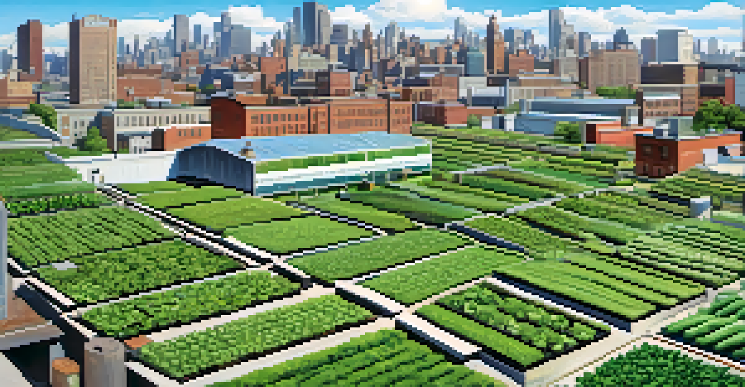 Aerial view of an urban rooftop farm in Buffalo with crops and hydroponics systems against the city skyline.