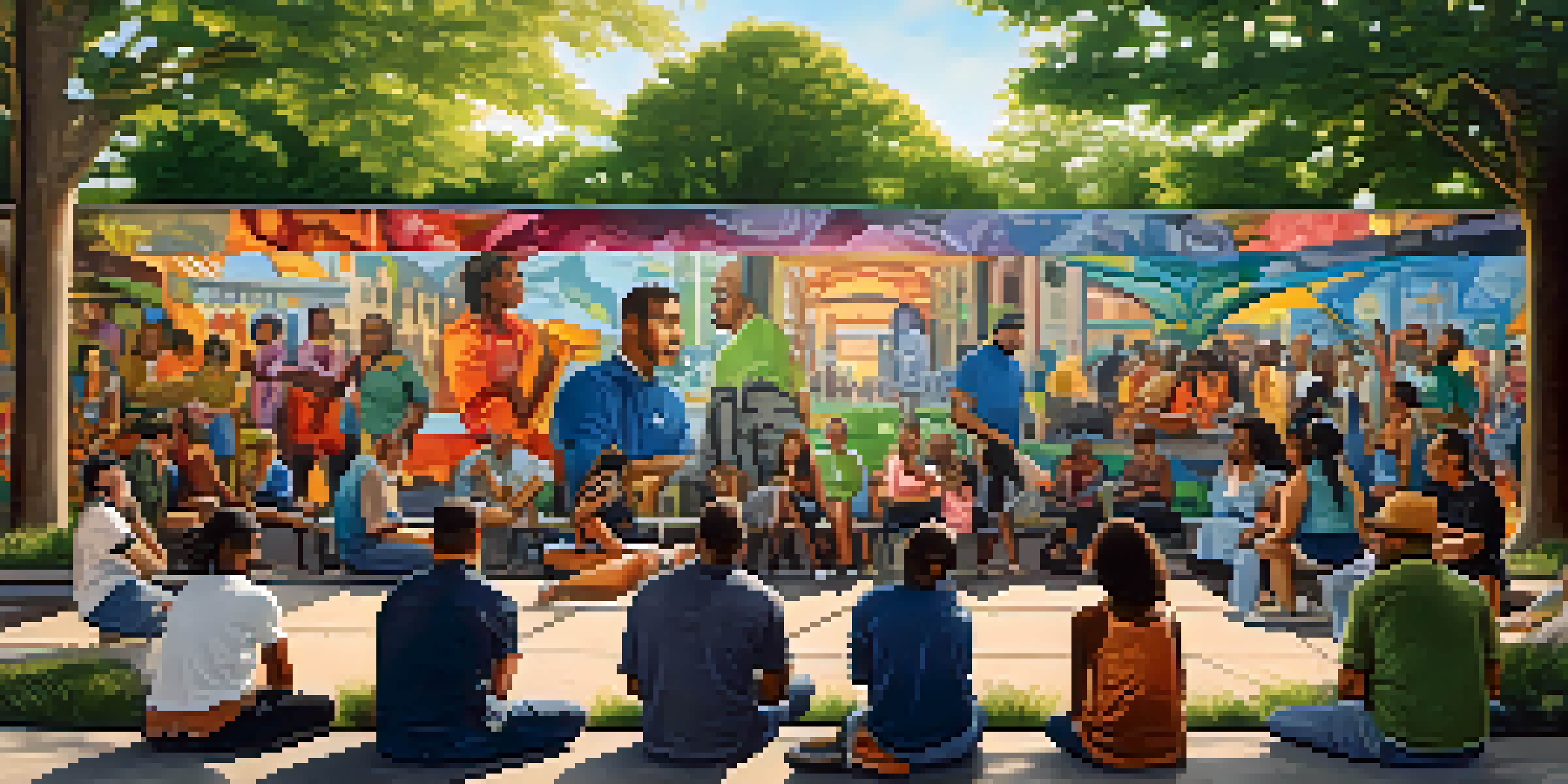 A colorful public mural in an urban park, featuring local heroes and cultural themes, with people interacting in a lively environment.