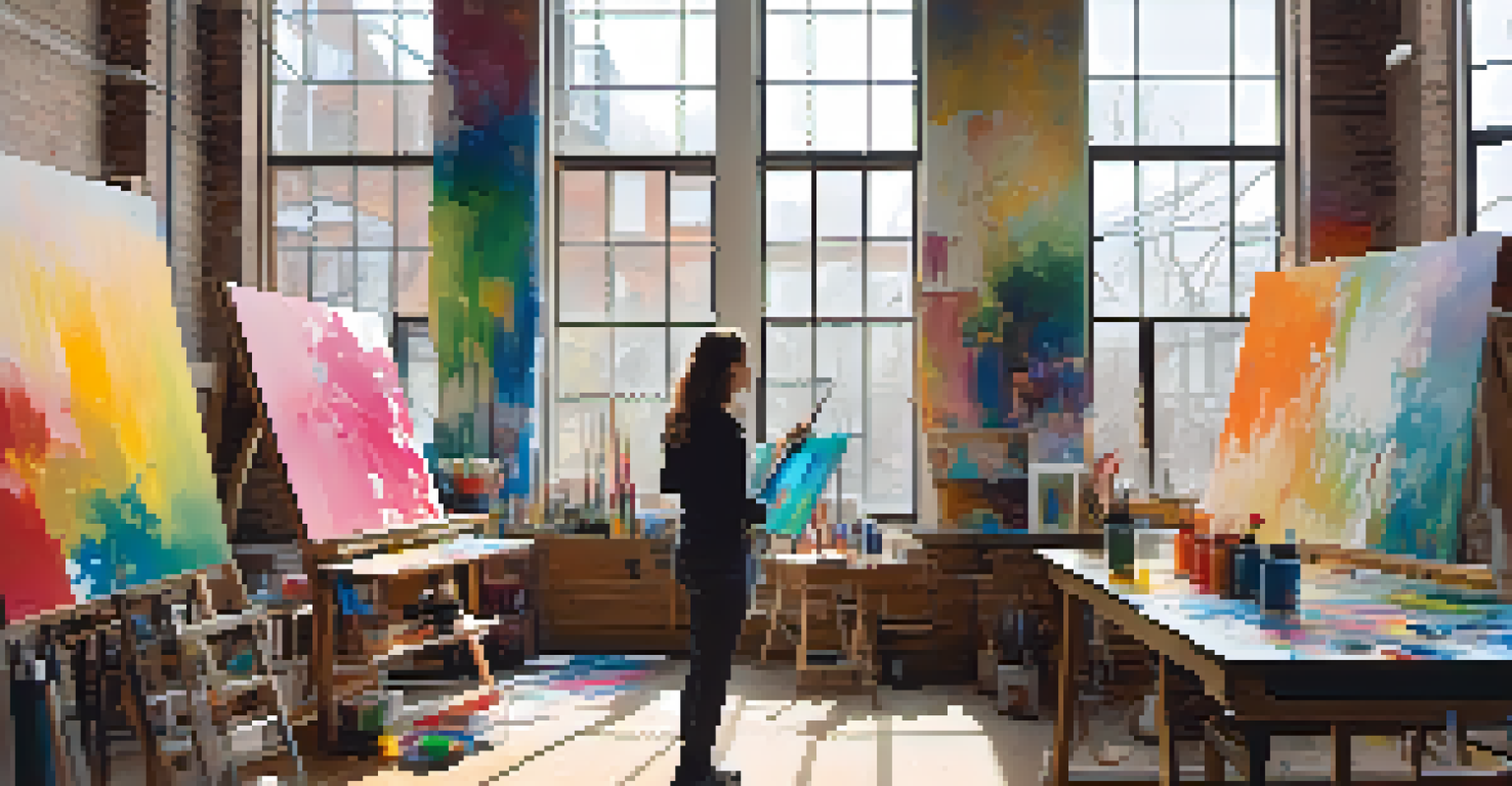 An artist in a bright studio working on an abstract expressionist painting, with colorful artworks and art supplies surrounding them.