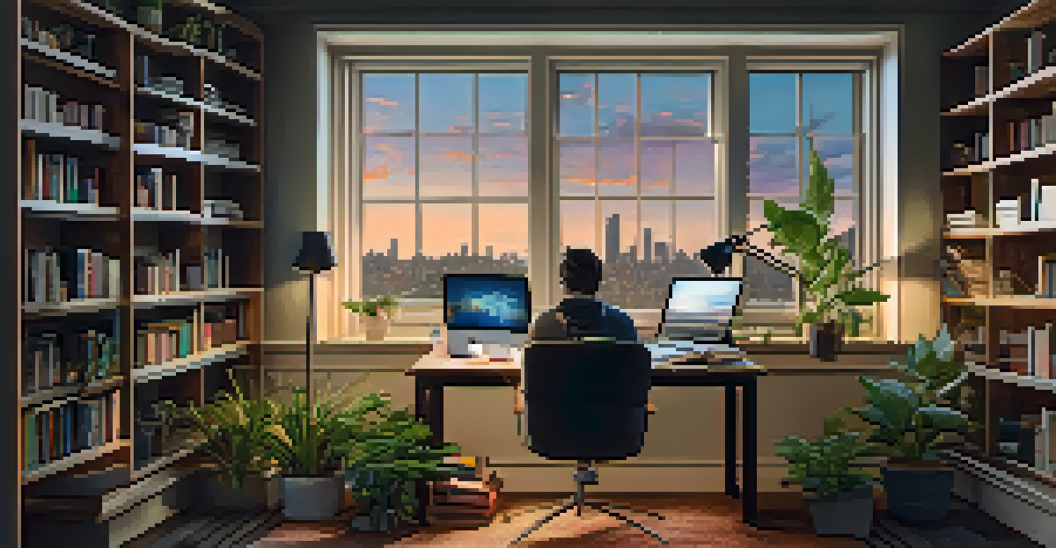 A cozy home office in Buffalo with a freelancer working on a laptop, surrounded by books and plants, with a view of the skyline out the window.