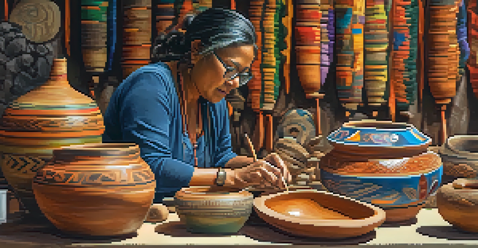 An artisan crafting pottery at a festival booth, showcasing finished pieces and surrounded by a colorful, warm atmosphere.