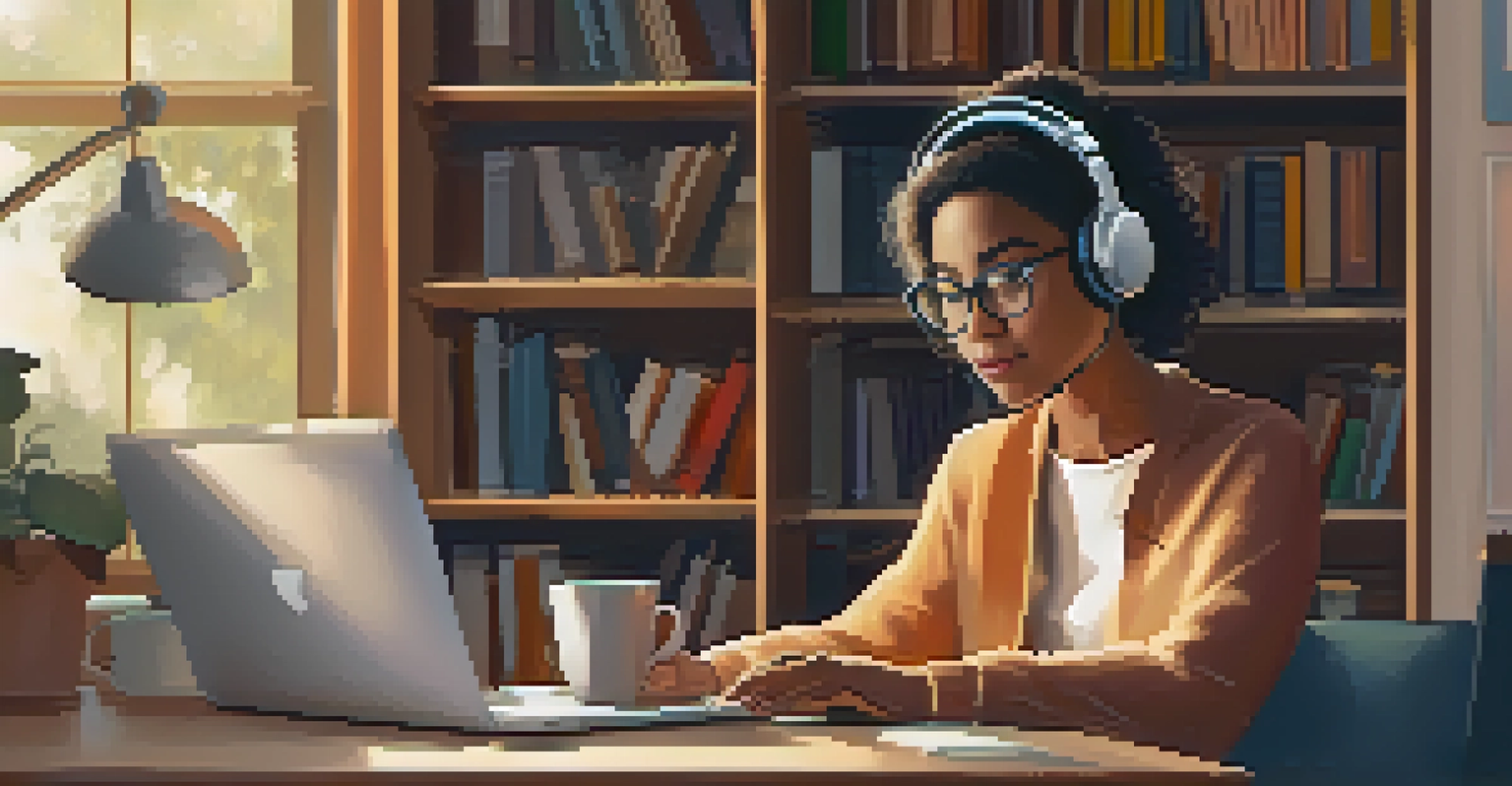 An adult student engaged in an online class at home, with books and a laptop in a cozy, well-lit room.