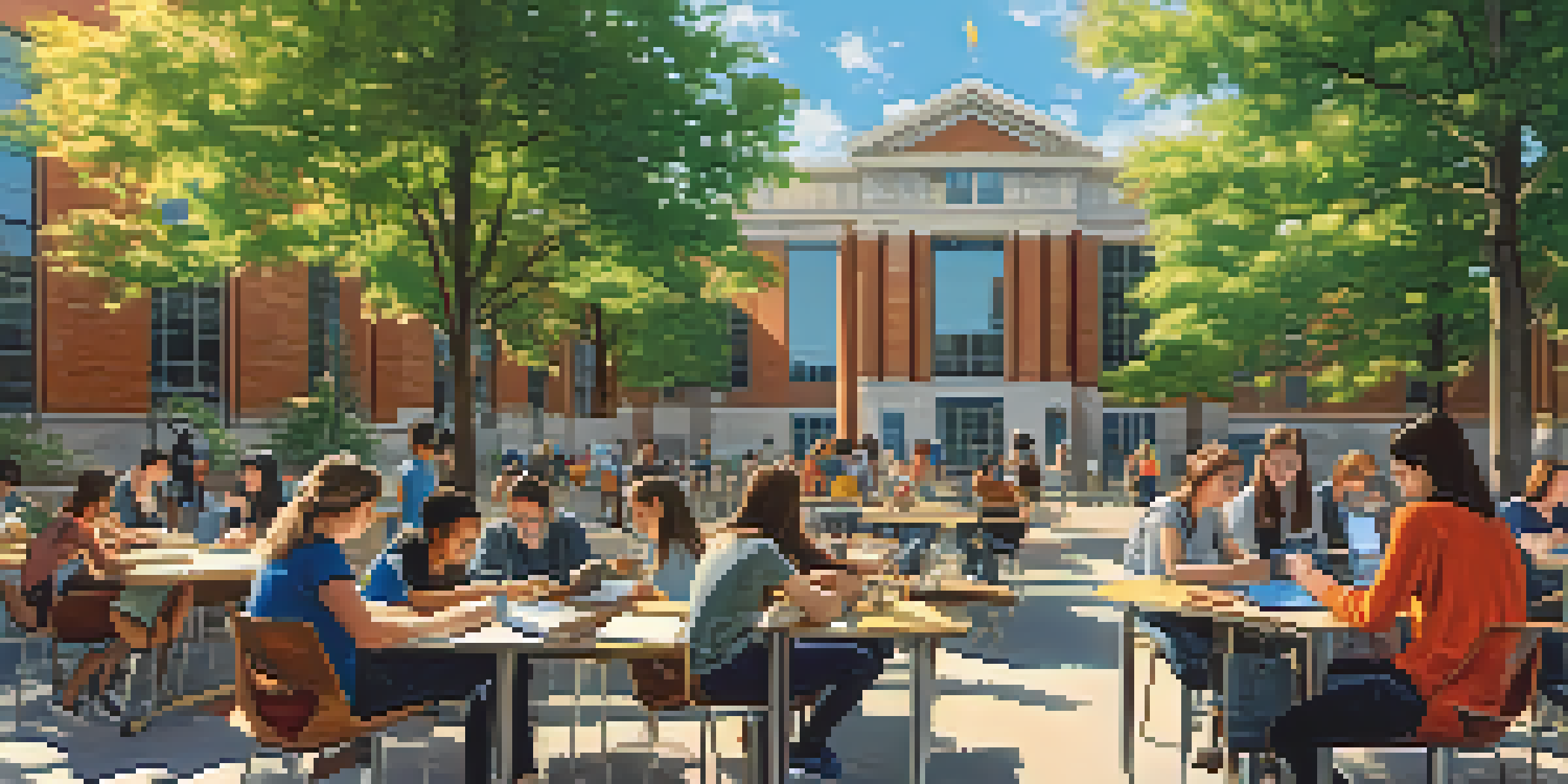 A colorful university campus with diverse students collaborating on STEM projects, surrounded by trees and modern buildings under a clear sky.