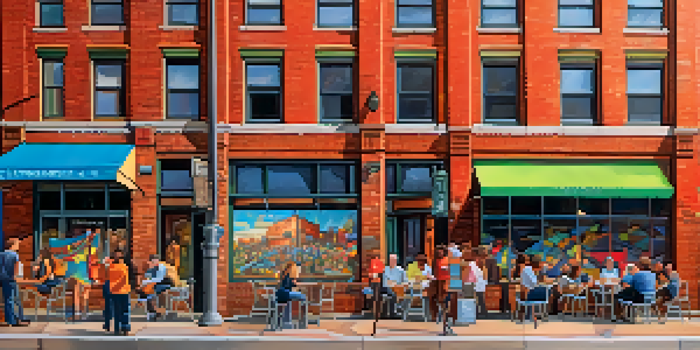 A lively street scene in Buffalo's Arts District with a colorful mural, artists, and musicians, bathed in warm afternoon light.