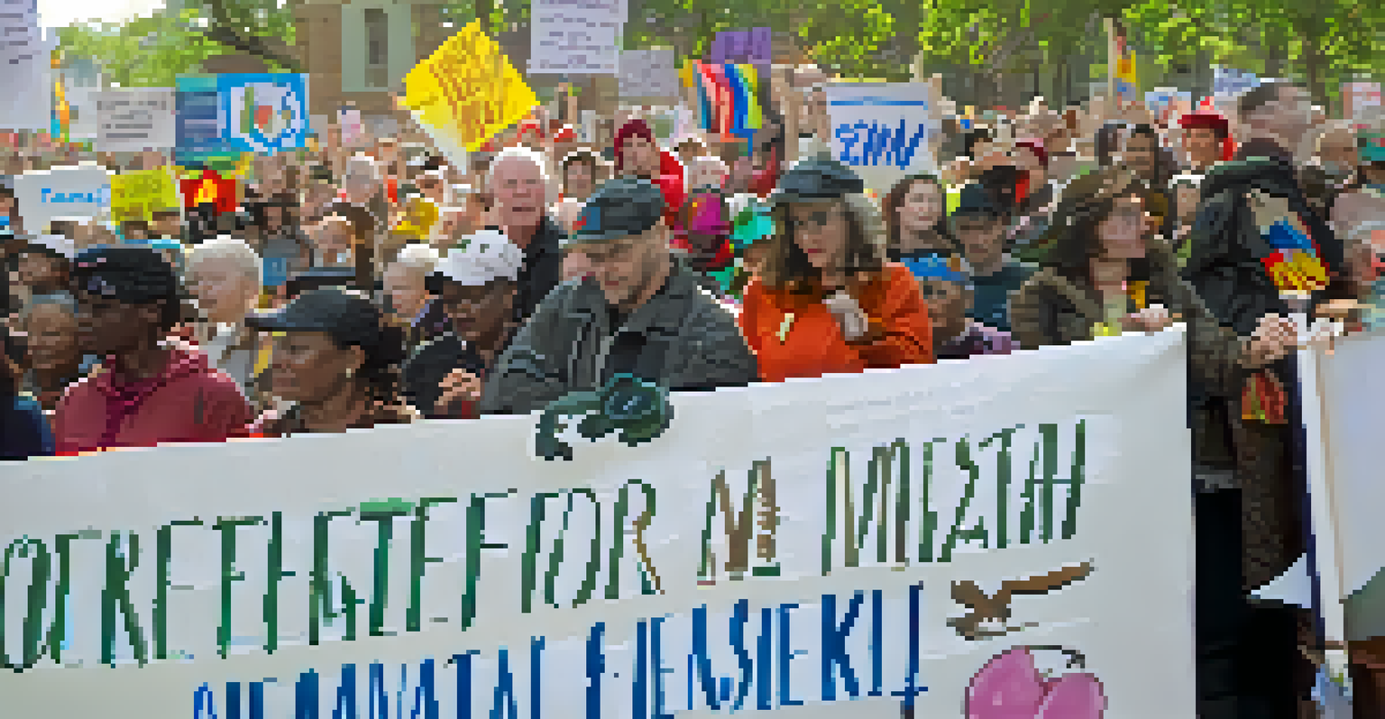 A close-up of a sign that says 'Together for Mental Health' held by an advocate at a rally, with a blurred crowd in the background.