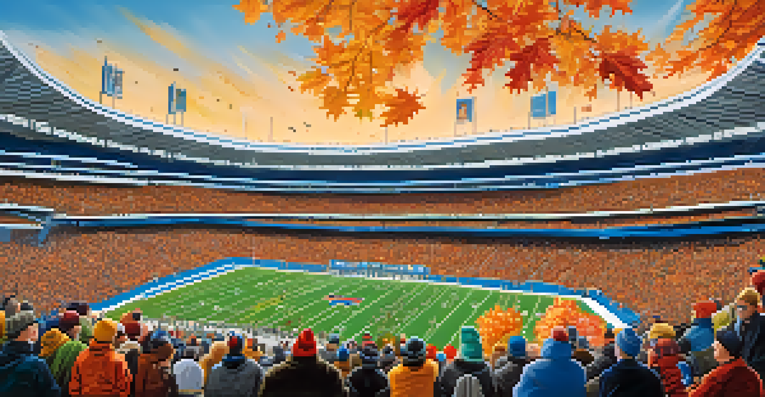 A football game in Buffalo with fans cheering in the stands against a backdrop of autumn leaves.