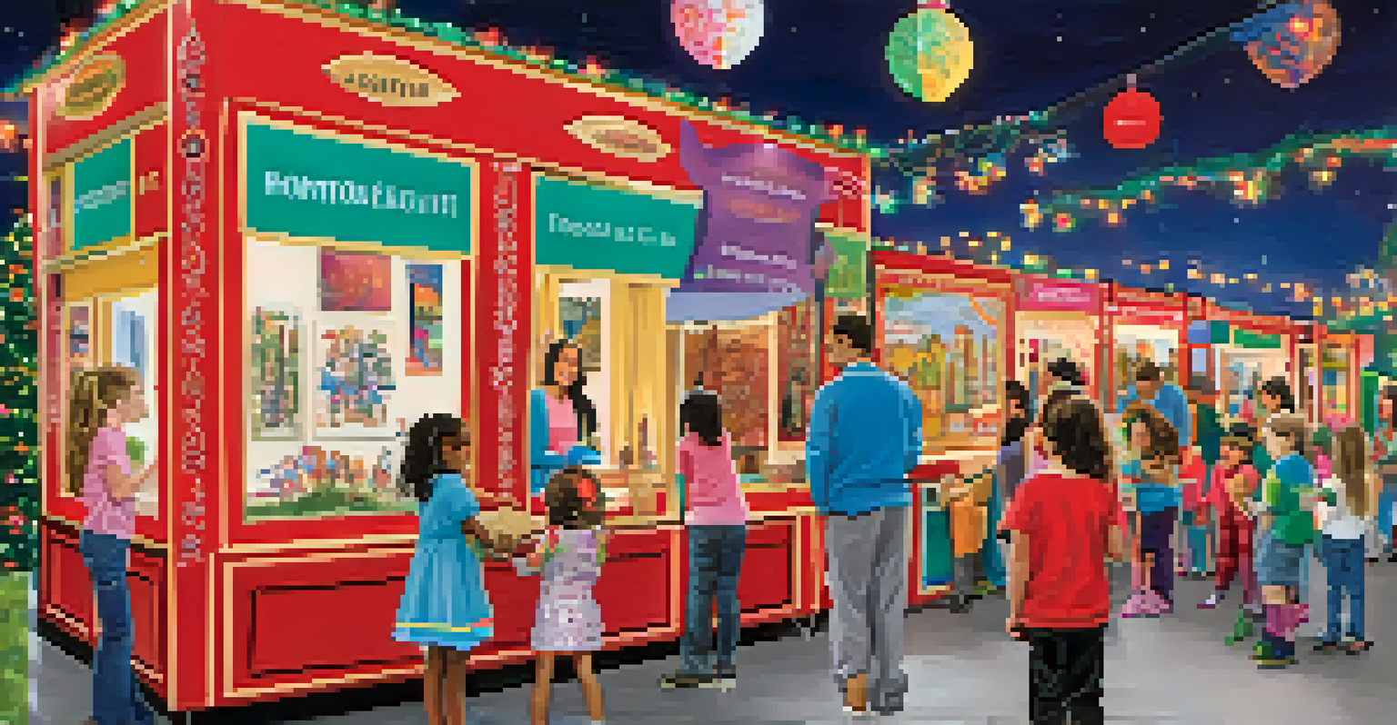 Children creating ornaments at a festive booth, with colorful art supplies and parents helping in a lively festival setting.