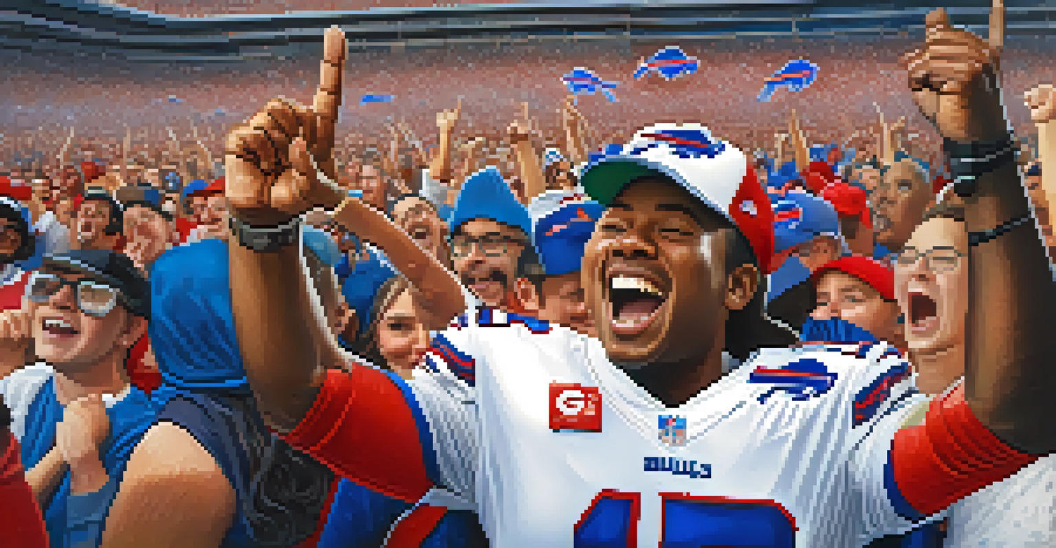 A close-up of a Buffalo Bills fan in a stadium surrounded by cheering friends, celebrating a touchdown amidst a colorful crowd.