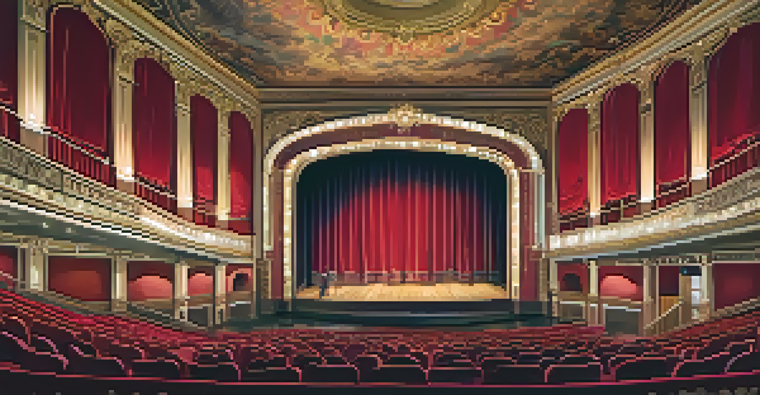 The interior of a historic theater during a live performance, featuring colorful stage lights, an audience in plush red seats, and ornate ceiling details.