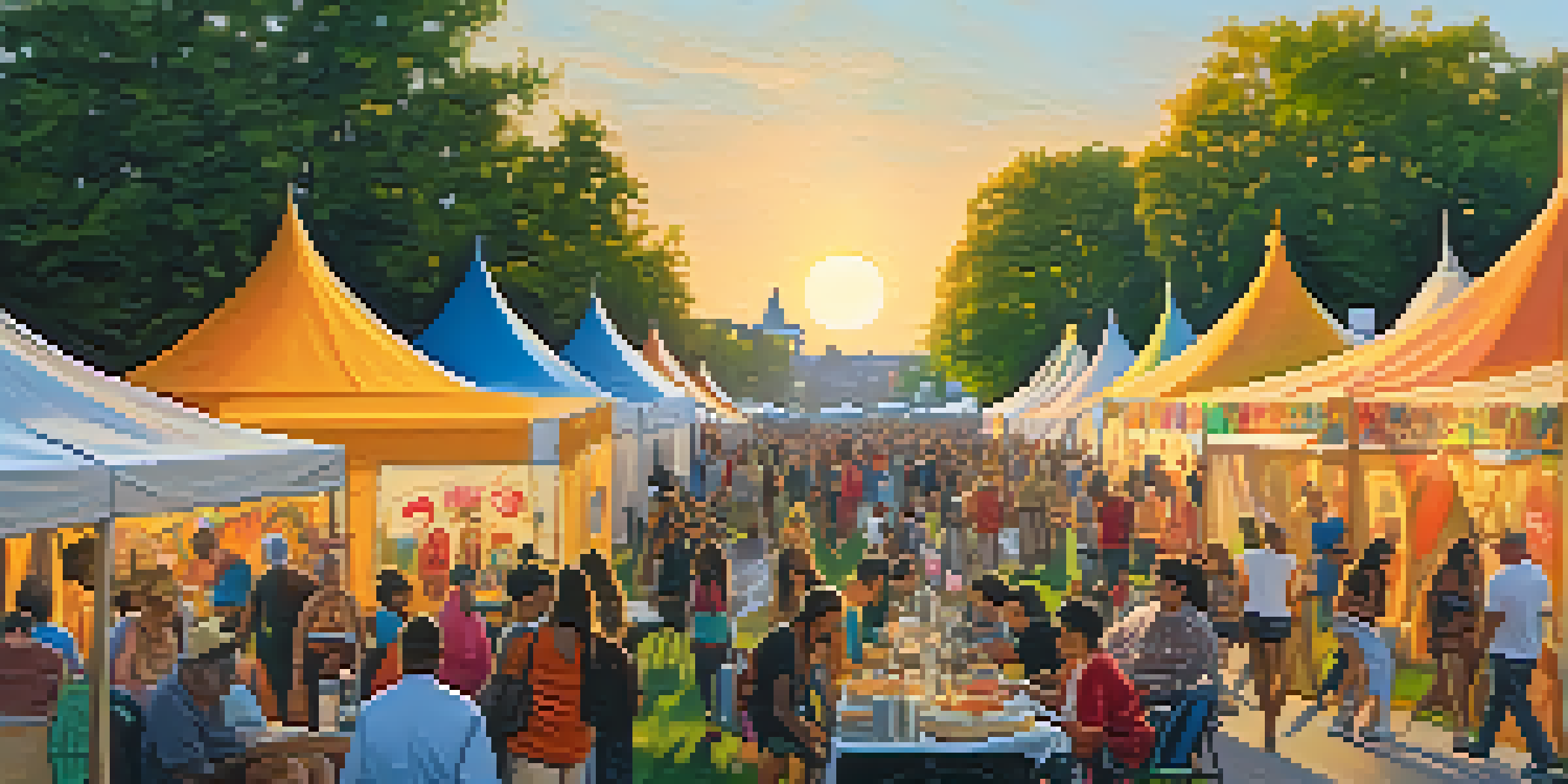 A lively outdoor art festival with diverse artists and attendees enjoying artworks, performances, and food in a park during sunset.
