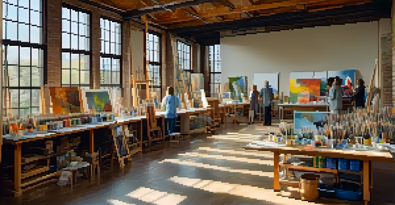 A busy workshop at the Buffalo Arts Studio, showcasing diverse artists working on their projects in a bright, colorful environment.