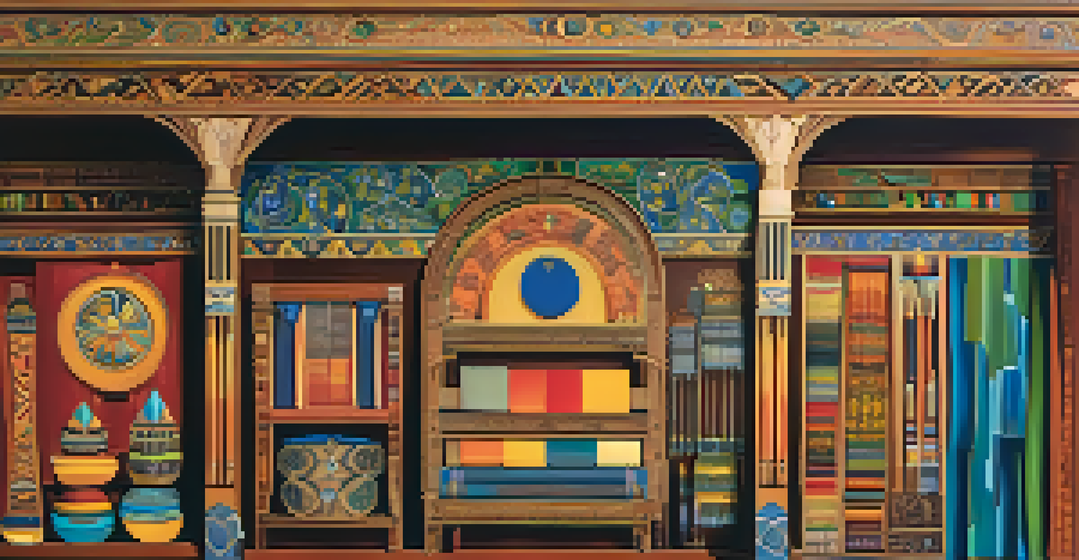 Close-up of handcrafted goods in the Arts and Crafts pavilion at the Pan-American Exposition, highlighting vibrant colors and intricate designs.