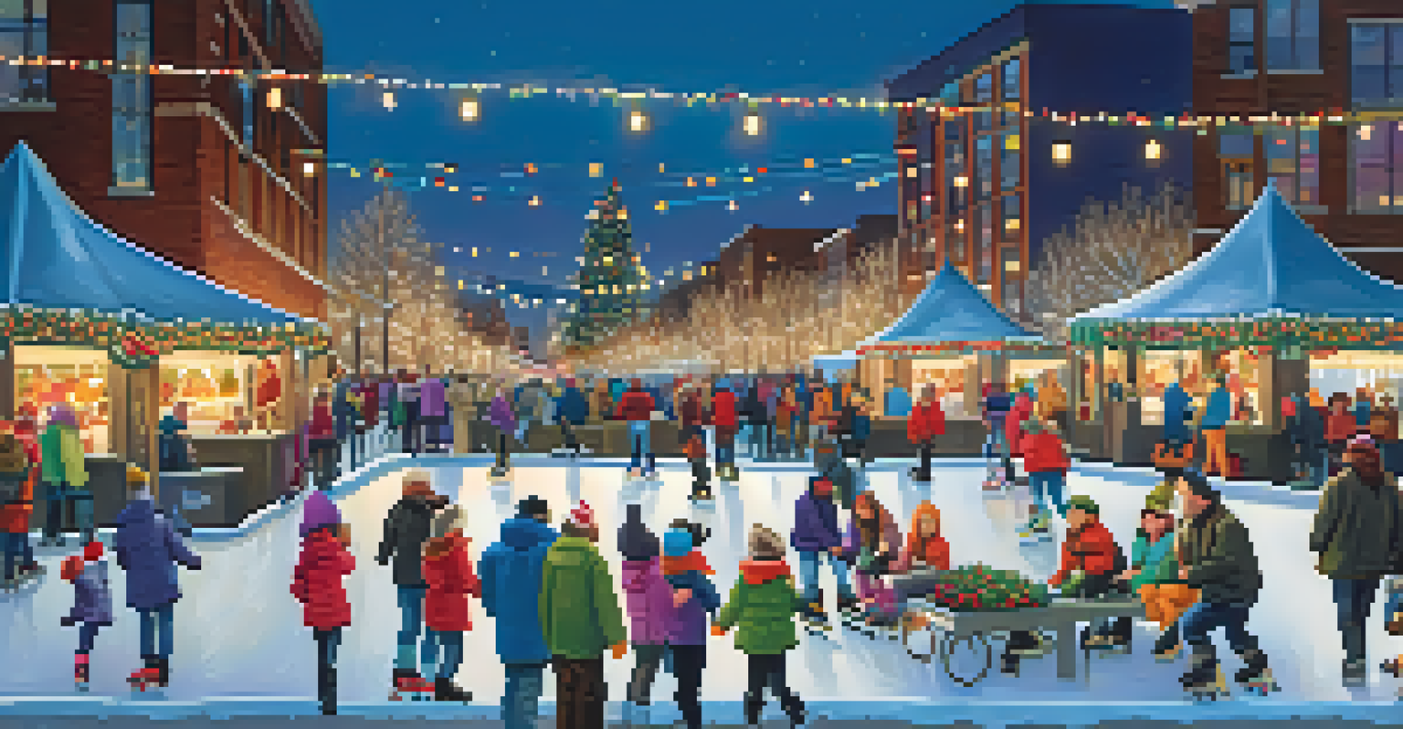 A lively ice skating festival at Canalside with skaters on a large rink, colorful lights, food vendors, and a live band.