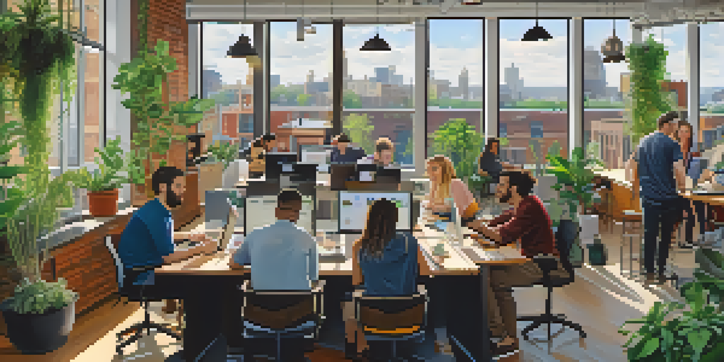 A vibrant co-working space in Buffalo filled with diverse tech entrepreneurs collaborating and using laptops, with bright windows and colorful decor.